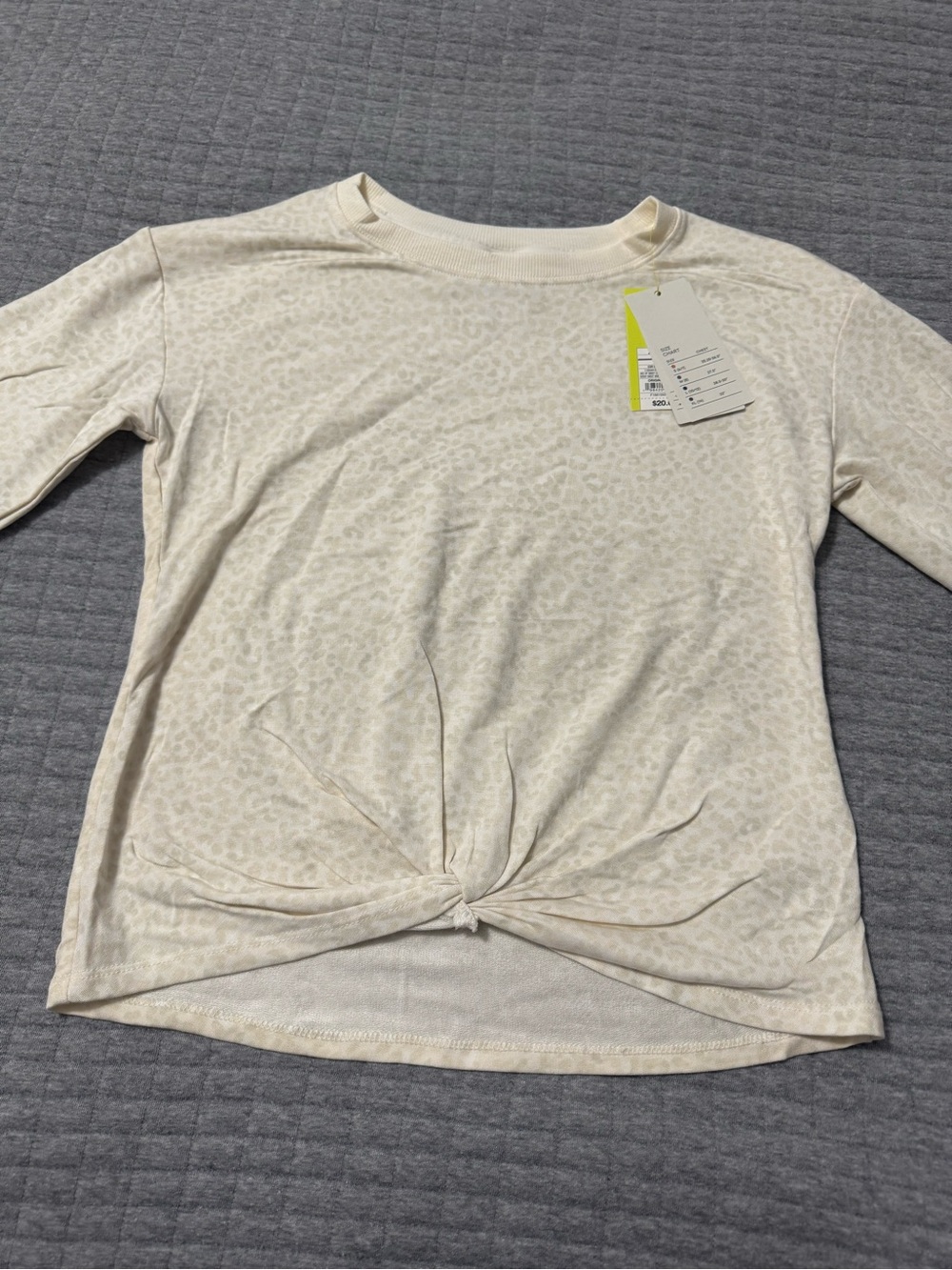 All in Motion Girls Animal Print Cream Cropped Front Knot Long Sleeve Crew Neck - Picture 2 of 10